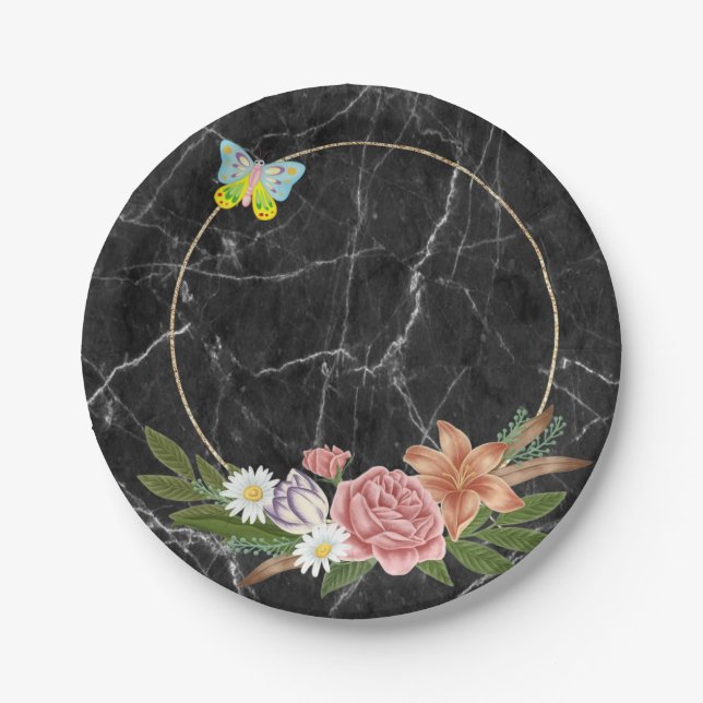 Paper Plates, Black Marble ButterflyFloral Flowers Plates (Front)