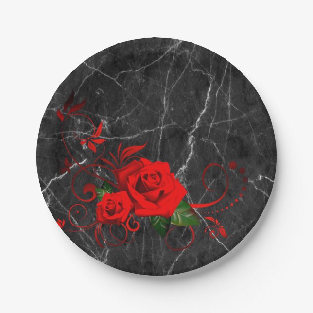 Paper Plates, Black Marble Red Rose Floral Paper Plates (Front)