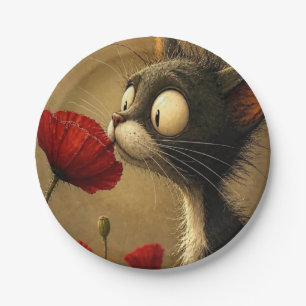 Paper Plates, Black & White Cat Red Flower Floral Plates