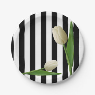 Paper Plates, Black & White Stripe Tulip Floral Plates