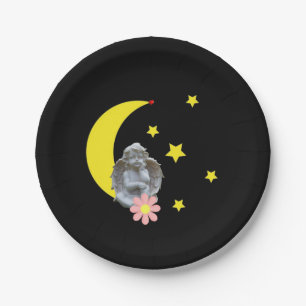 Paper Plates, Black Yellow Moon Stars Angel Floral Plates