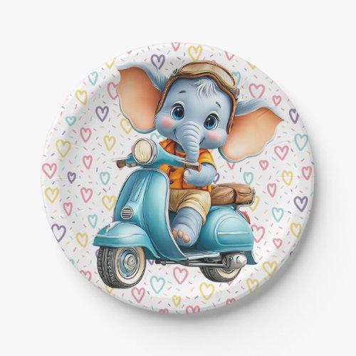 Paper Plates, Blue Elephant Scooter Colorful Heart