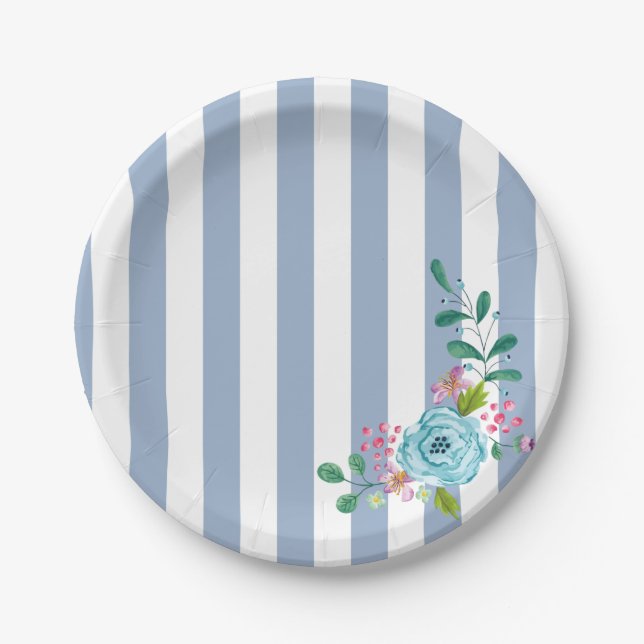 Paper Plates, Blue Stripe Blue Floral Flowers Paper Plates (Front)