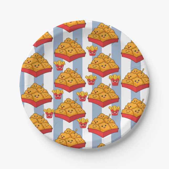 Paper Plates, Blue & White Stripe Chicken Nuggets  Paper Plates (Front)