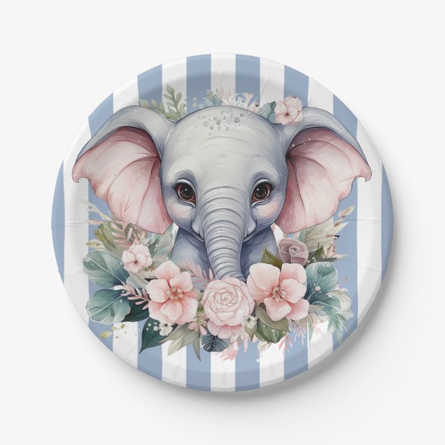 Paper Plates, Blue & White Stripe Elephant Plates (Front)