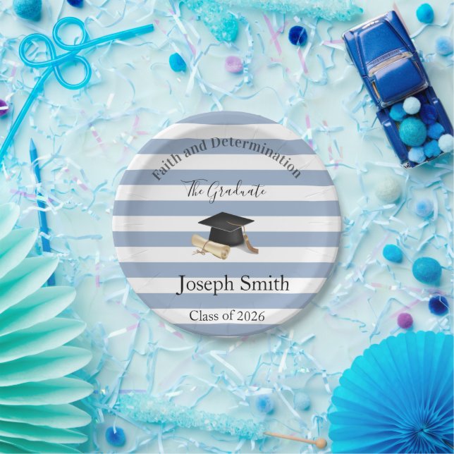 Paper Plates, Blue & White Stripe Graduate 2026 Plates (Party)