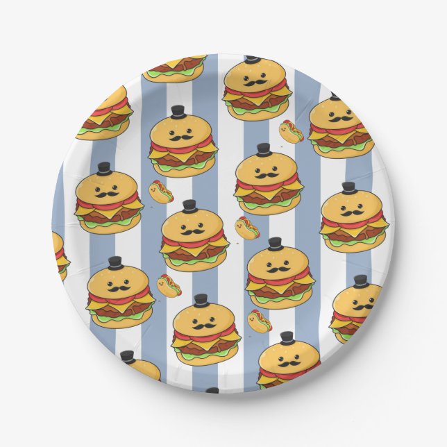Paper Plates, Blue & White Stripe Hotdog Hamburger Plates (Front)