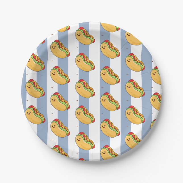 Paper Plates, Blue & White Stripe Hotdogs  Plates (Front)