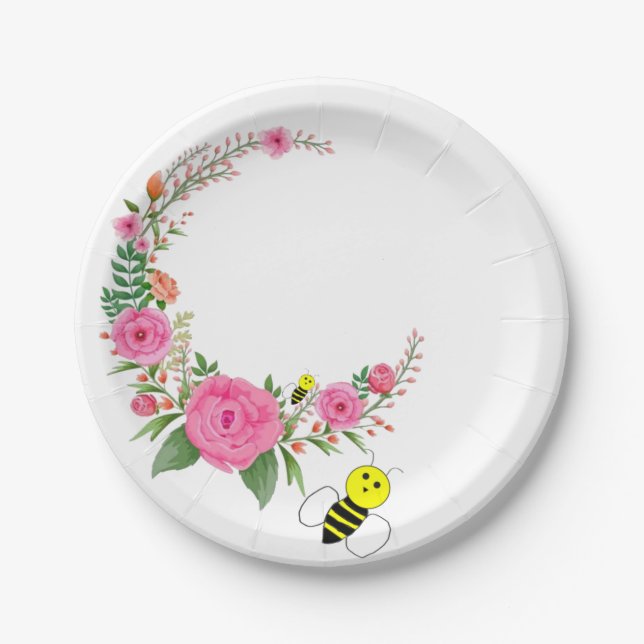 Paper Plates, Bumblebee Floral Flowers Plates (Front)