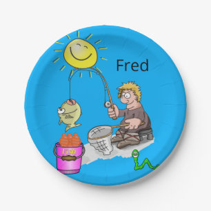 Paper Plates, Fisherman Fish Sun Blue Plates