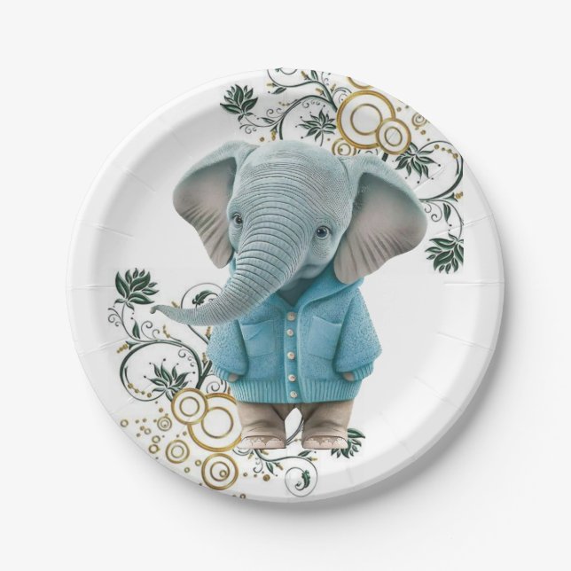 Paper Plates, Floral Blue Elephant  Paper Plates (Front)