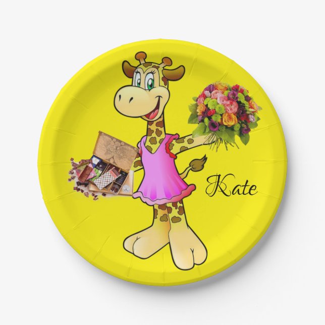 Paper Plates, Giraffe Floral Chocolate Yellow Paper Plates (Front)