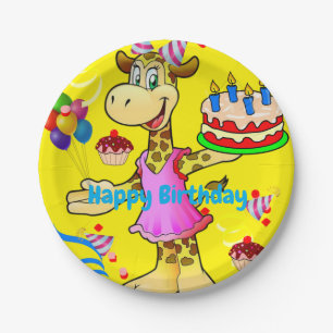 Paper Plates, Giraffe Happy Birthday Cake Yellow Plates