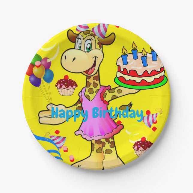 Paper Plates, Giraffe Happy Birthday Cake Yellow Plates (Front)