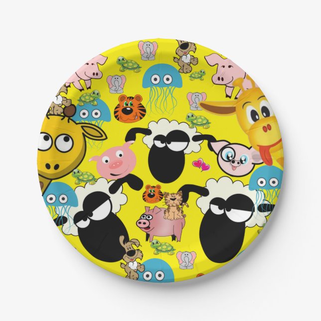 Paper Plates, Giraffe Pigs Elephant Kitten Cat Paper Plates (Front)
