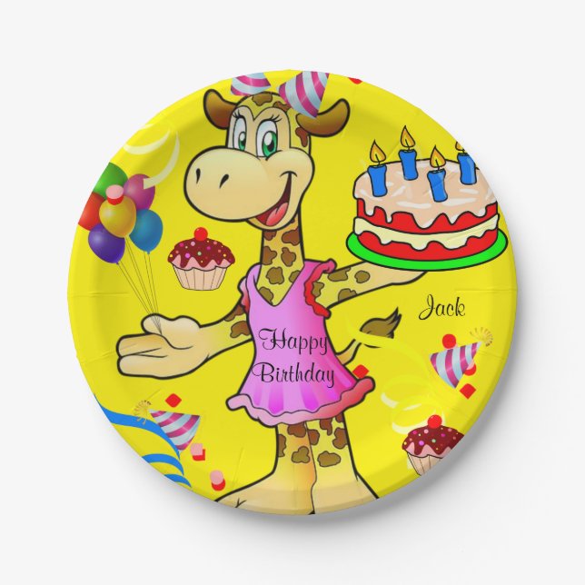 Paper Plates, Giraffe Yellow Happy Birthday Cake Plates (Front)