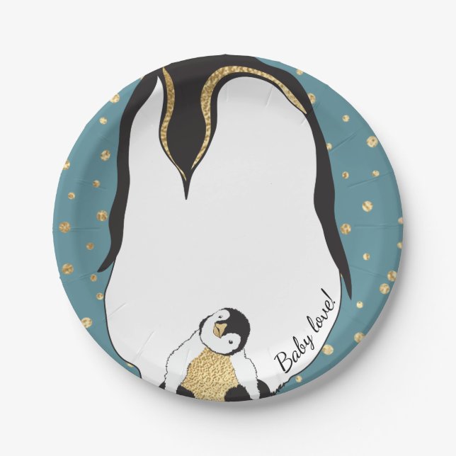 Paper Plates "Gold Baby & Mommy Penguins Blue" (Front)