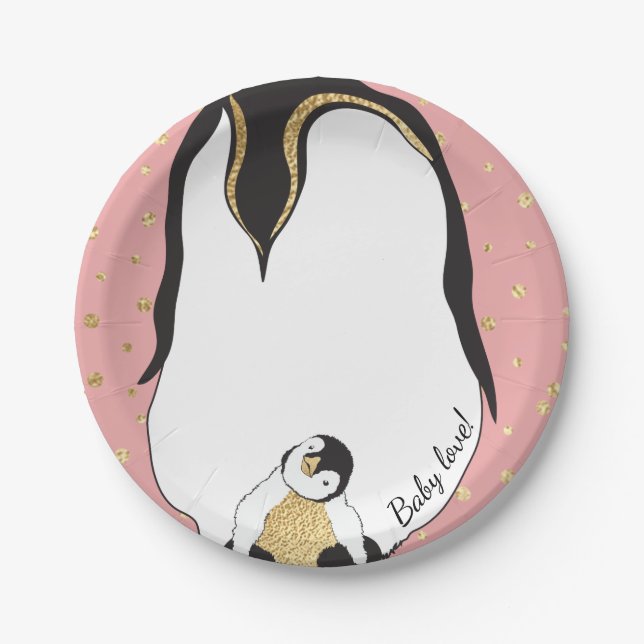Paper Plates "Gold Baby & Mommy Penguins Pink" (Front)