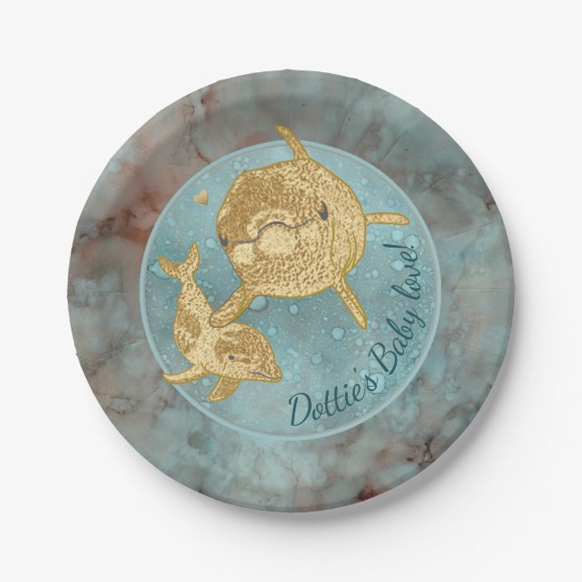 Paper Plates "Gold Dolphin Baby & Mommy" (Front)