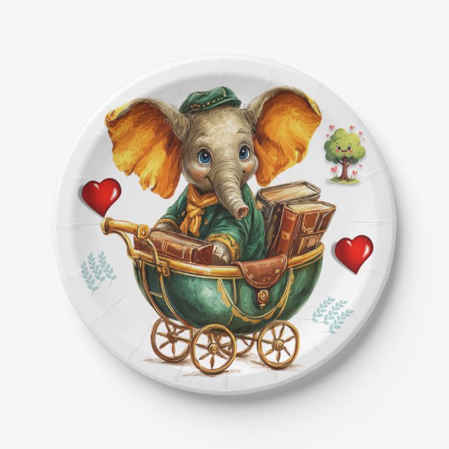 Paper Plates, Gold Elephant Red Hearts Love Tree Paper Plates (Front)