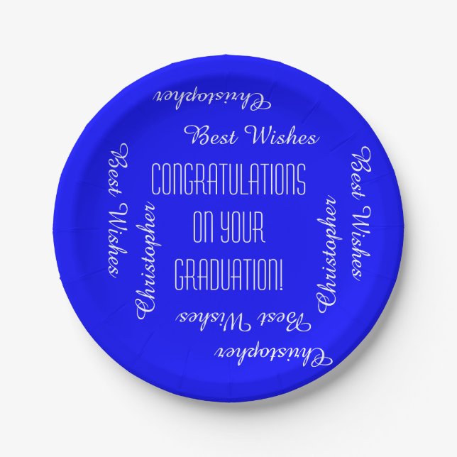 Paper Plates, Graduation Party Names, Blue White Plates (Front)