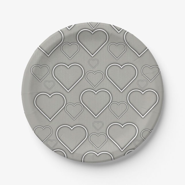 Paper Plates, Gray & White Hearts Paper Plates (Front)