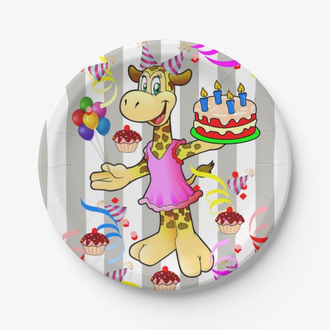 Paper Plates, Gray & White Stripe Giraffe Birthday Plates (Front)