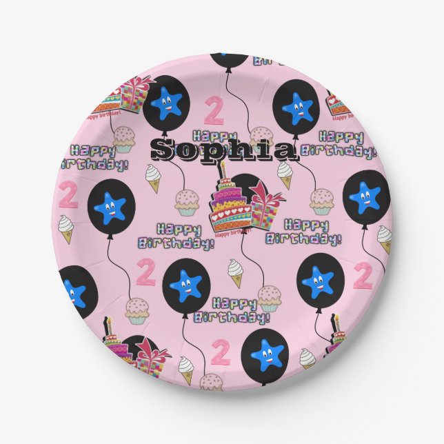 Paper Plates, Happy 2nd  Birthday #2 Balloons Pink Plates (Front)