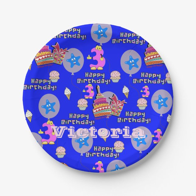 Paper Plates, Happy 3rd Birthday #3 Balloons Plates (Front)