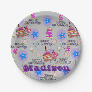 Paper Plates, Happy 5th Birthday #5 Balloons Gray Plates