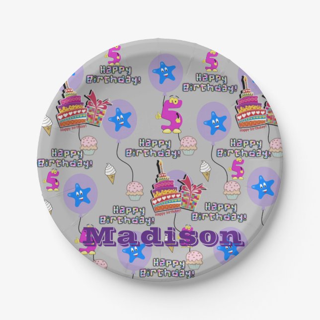 Paper Plates, Happy 5th Birthday #5 Balloons Gray Plates (Front)