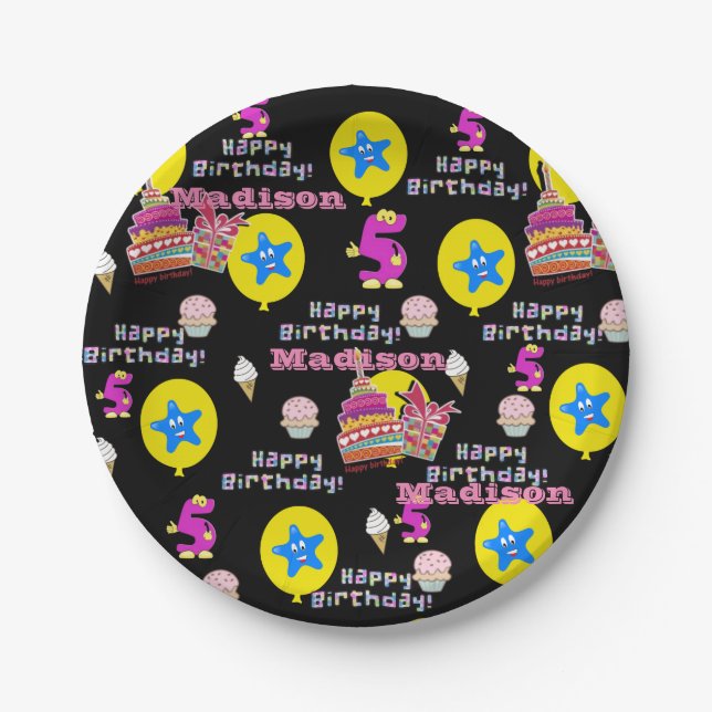 Paper Plates, Happy 5th Birthday #5 Balloons Paper Plates (Front)