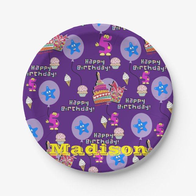 Paper Plates, Happy 5th Birthday #5 Balloons Paper Plates (Front)
