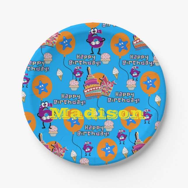 Paper Plates, Happy 6th Birthday #6 Balloons Paper Plates (Front)