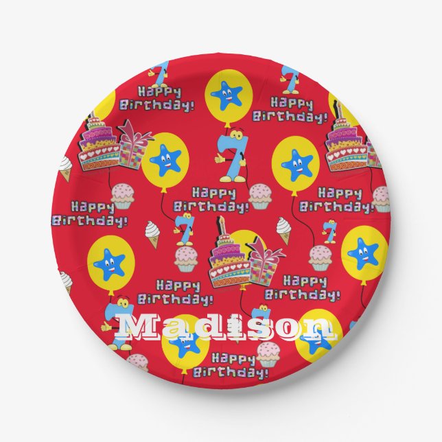 Paper Plates, Happy 7th Birthday #7 Balloons Plates (Front)