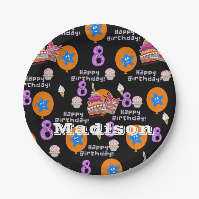 Paper Plates, Happy 8th Birthday #8 Balloons Paper Plates (Front)