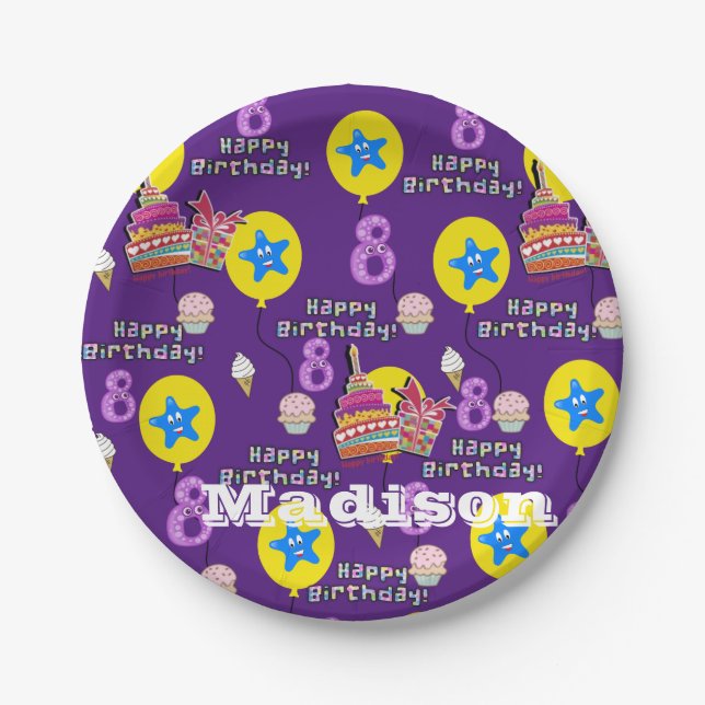 Paper Plates, Happy 8th Birthday #8 Balloons Paper Plates (Front)