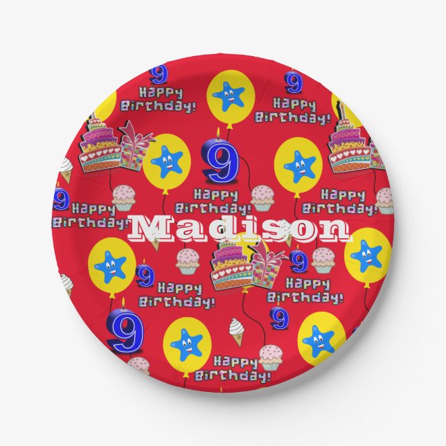 Paper Plates, Happy 9th Birthday #9 Balloons Paper Plates (Front)