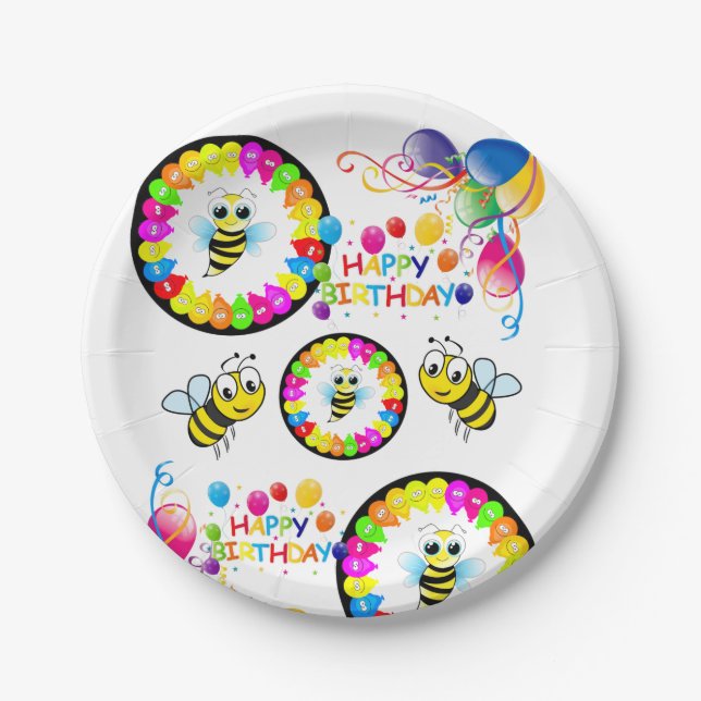 Paper Plates, Happy Birthday Balloons Bumblebee Plates (Front)