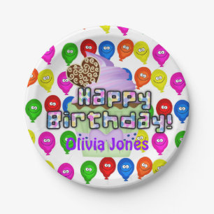 Paper Plates, Happy Birthday Balloons Cupcakes Paper Plates