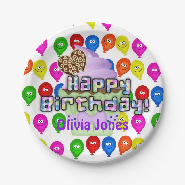 Paper Plates, Happy Birthday Balloons Cupcakes Paper Plates (Front)