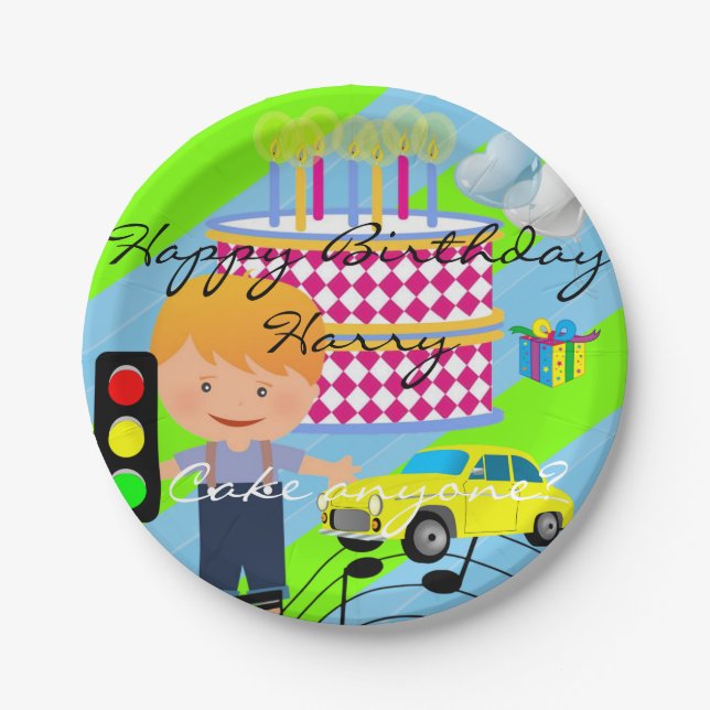 Paper Plates, Happy Birthday Boy Cake Car Plates (Front)