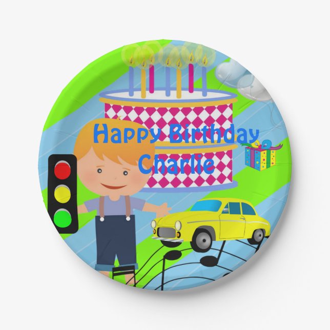 Paper Plates, Happy Birthday Car Boy Cake Plates (Front)