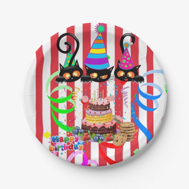 Paper Plates, Happy Birthday Confetti Cats Cake  Paper Plates (Front)