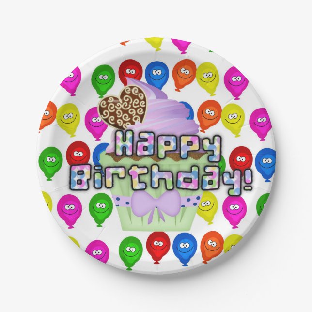 Paper Plates, Happy Birthday Cupcake Balloons Plates (Front)