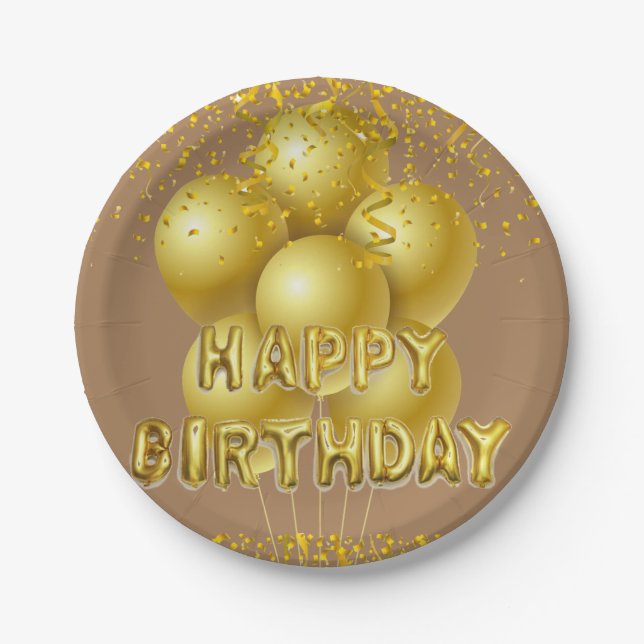 Paper Plates, Happy Birthday Gold Balloons Plates (Front)