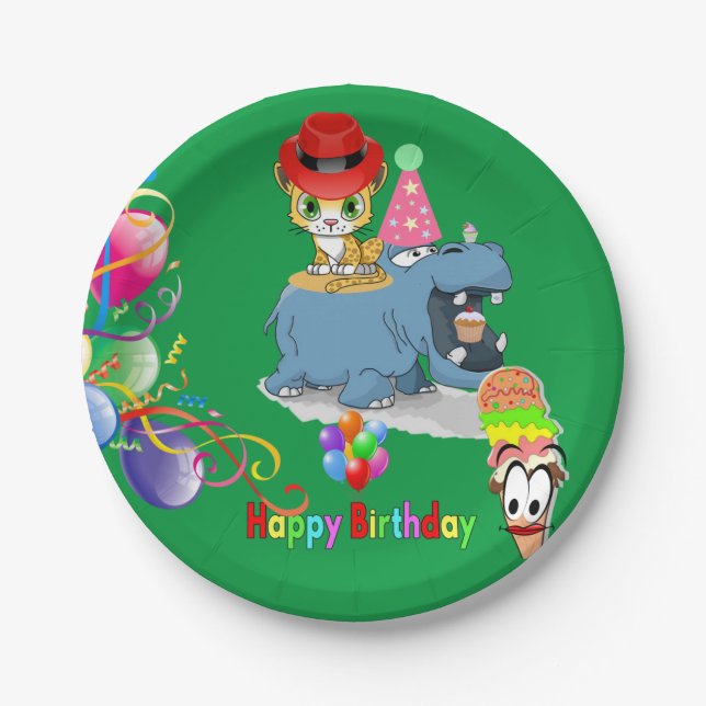 Paper Plates, Happy Birthday Hippopotamus Kitten Paper Plates (Front)