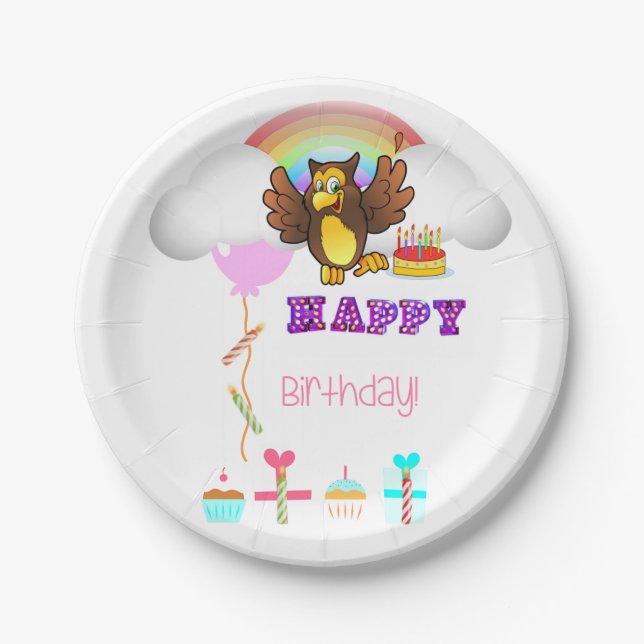 Paper Plates, Happy Birthday Owl Rainbow Paper Plates (Front)