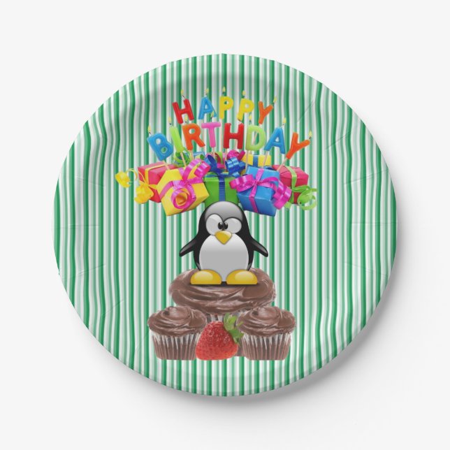 Paper Plates, Happy Birthday Penguin Stripe Paper Plates (Front)