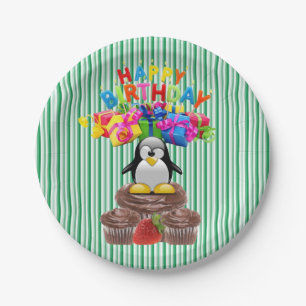 Paper Plates, Happy Birthday Penguin Stripe Plates